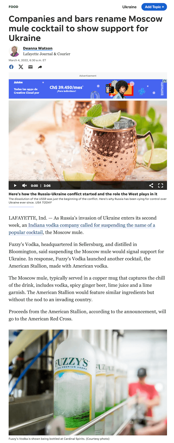 USA TODAY headline about Fuzzy's Vodka that reads: Companies and bars rename Moscow Mule cocktail to show support for Ukraine